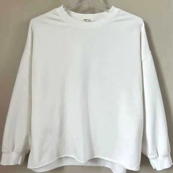 Dylan Oversized Bone White Crewneck Casual Athleisure Comfy Raw Hem Sweatshirt - Picture 2 of 12